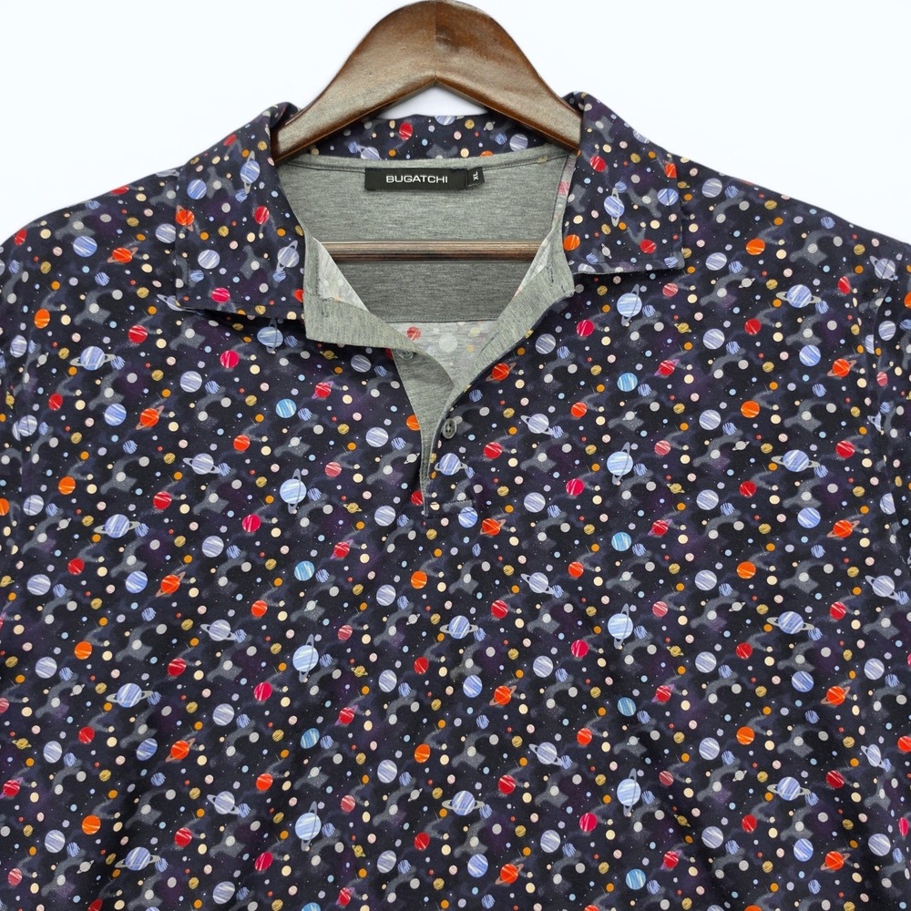 Bugatchi Mens XL Space Planet Print Mercerized Cotton Polo Shirt Luxury Designer